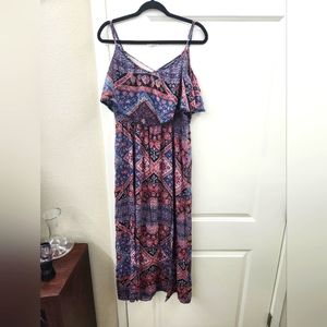 American Eagle Maxi Dress Large Blue Orange Black Paisley Flowers